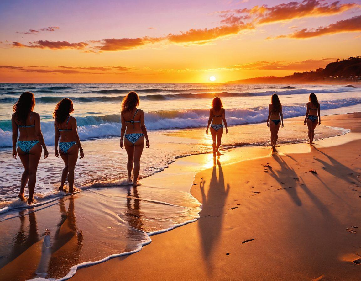 A vibrant beach scene showcasing various bikini styles, each representing diverse emotional expressions like joy, sadness, and nostalgia. Waves gently crashing in the background symbolize change, with each bikini floating on the surface embodying different moods. The sandy shore is dotted with footprints leading towards a sunset, illuminating the scene in warm hues. super-realistic. vibrant colors. beach setting.