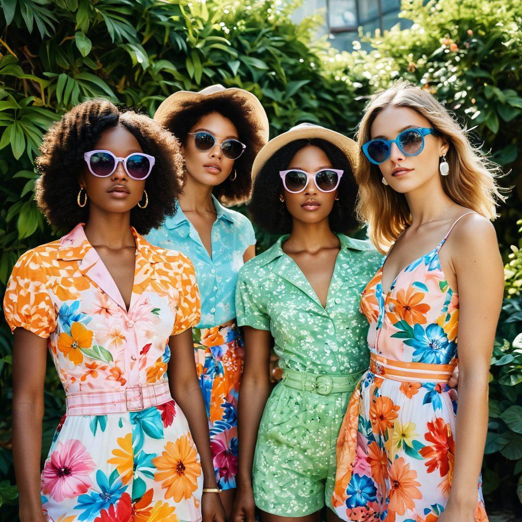 A vibrant summer fashion scene featuring a diverse group of models wearing colorful outfits in sunny outdoor settings. Include elements like oversized sunglasses, floral patterns, and playful accessories, while incorporating a mix of bright and pastel colors. Capture the contrast between joy and melancholy with subtle shadows or expressions. Use a blurred background of lush greenery and blooming flowers to enhance the mood. super-realistic. vibrant colors. dynamic composition.